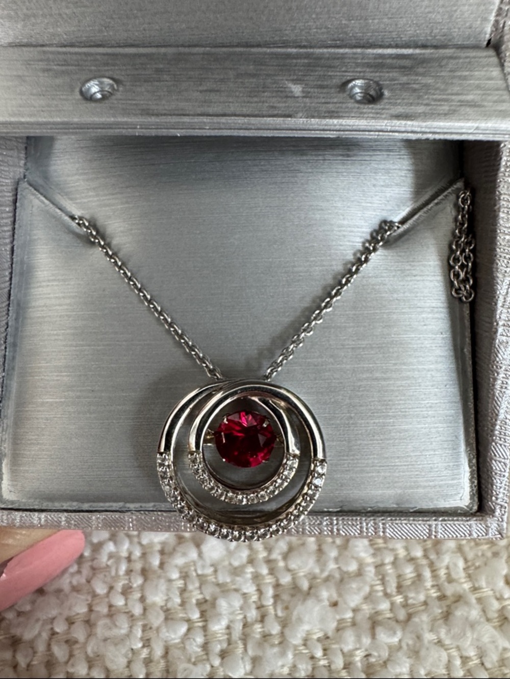 Zales Silver Necklace with Deep Red Center Lab Created Ruby Stone